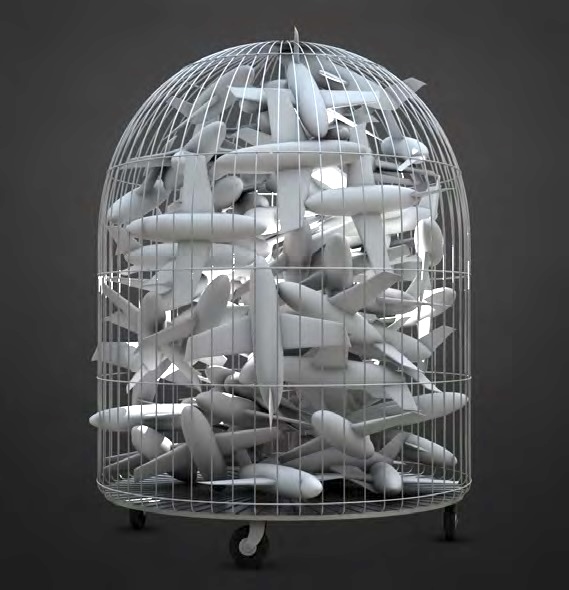 A large white birdcage on wheels, filled with dozens of small white toy airplanes instead of birds.