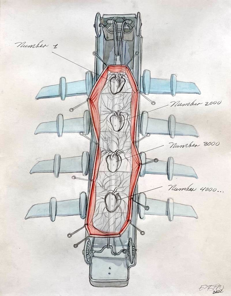 Watercolor illustration of a stylized car with tool-like limbs radiating from its sides, pierced by a red harness of wires connecting eight numbered anatomical hearts running down its center.