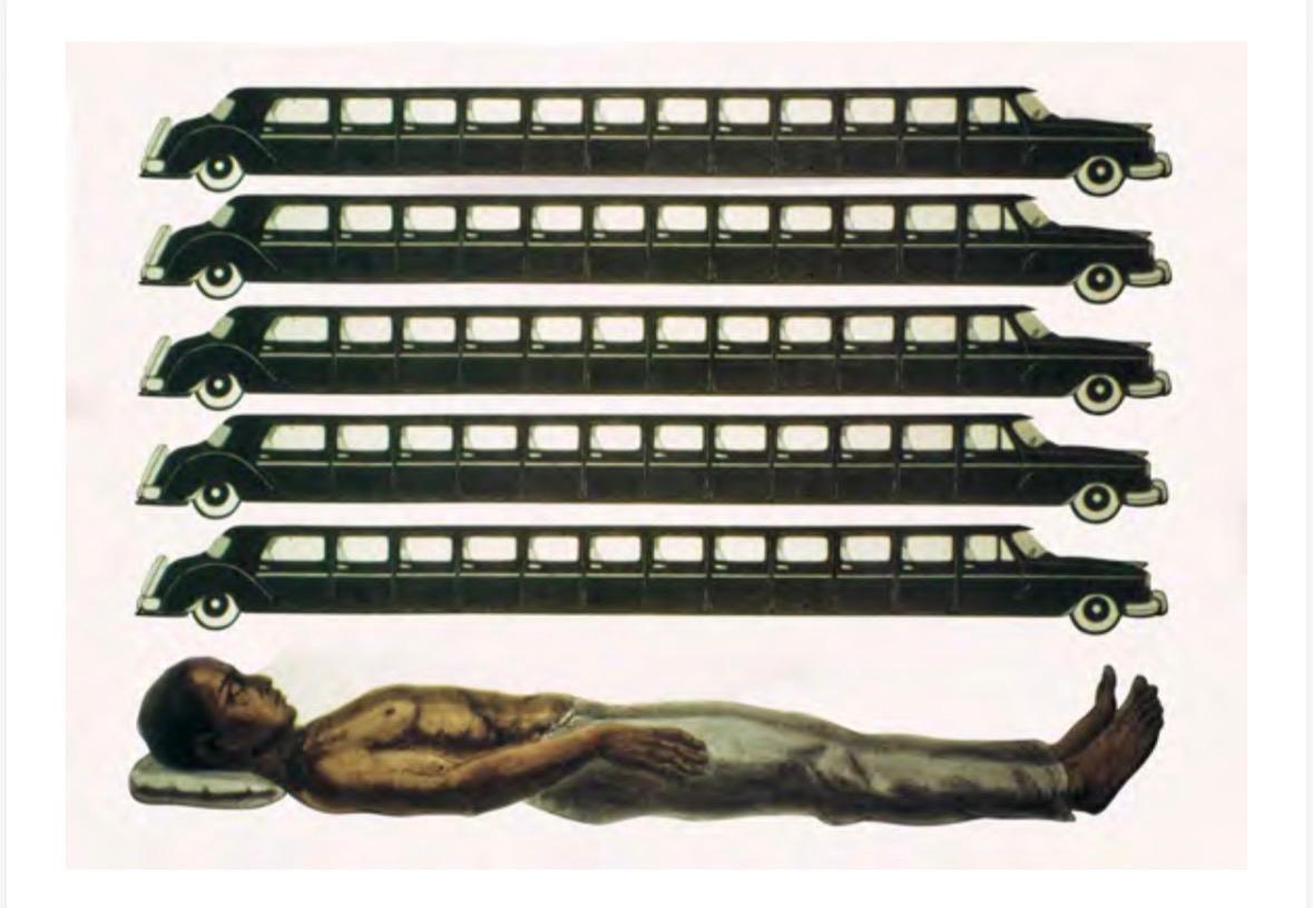 Illustration of a nude man lying on his back with eyes closed, his body rendered in sandy tones beneath a radiating pattern of concentric arched corridors converging on a bright circular light.