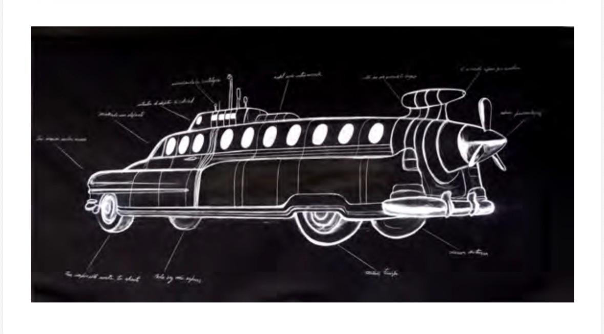 A blueprint-style diagram of the car-submarine hybrid, with handwritten labels pointing to its parts.