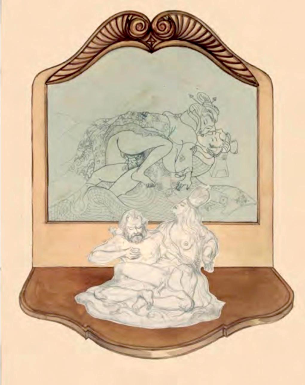 Drawing of an ornate wall mirror in a carved wooden frame, its glass sketched with an embracing nude couple, above a matching console table holding a white sculpture of an entwined couple.