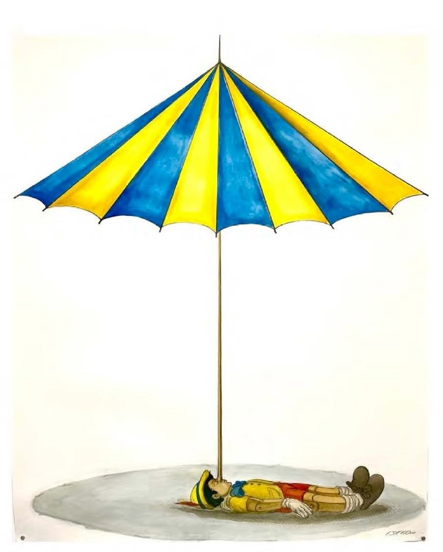 A painting of a Pinocchio-like figure lying on the ground, its nose piercing up through the pole of a blue-and-yellow striped umbrella.