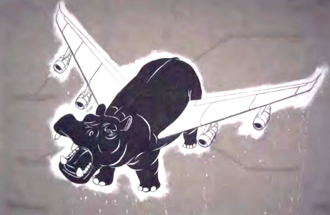 Illustration of a black hippopotamus with its mouth open, fitted with jet engines and swept-back airplane wings, set against a cracked painted wall.