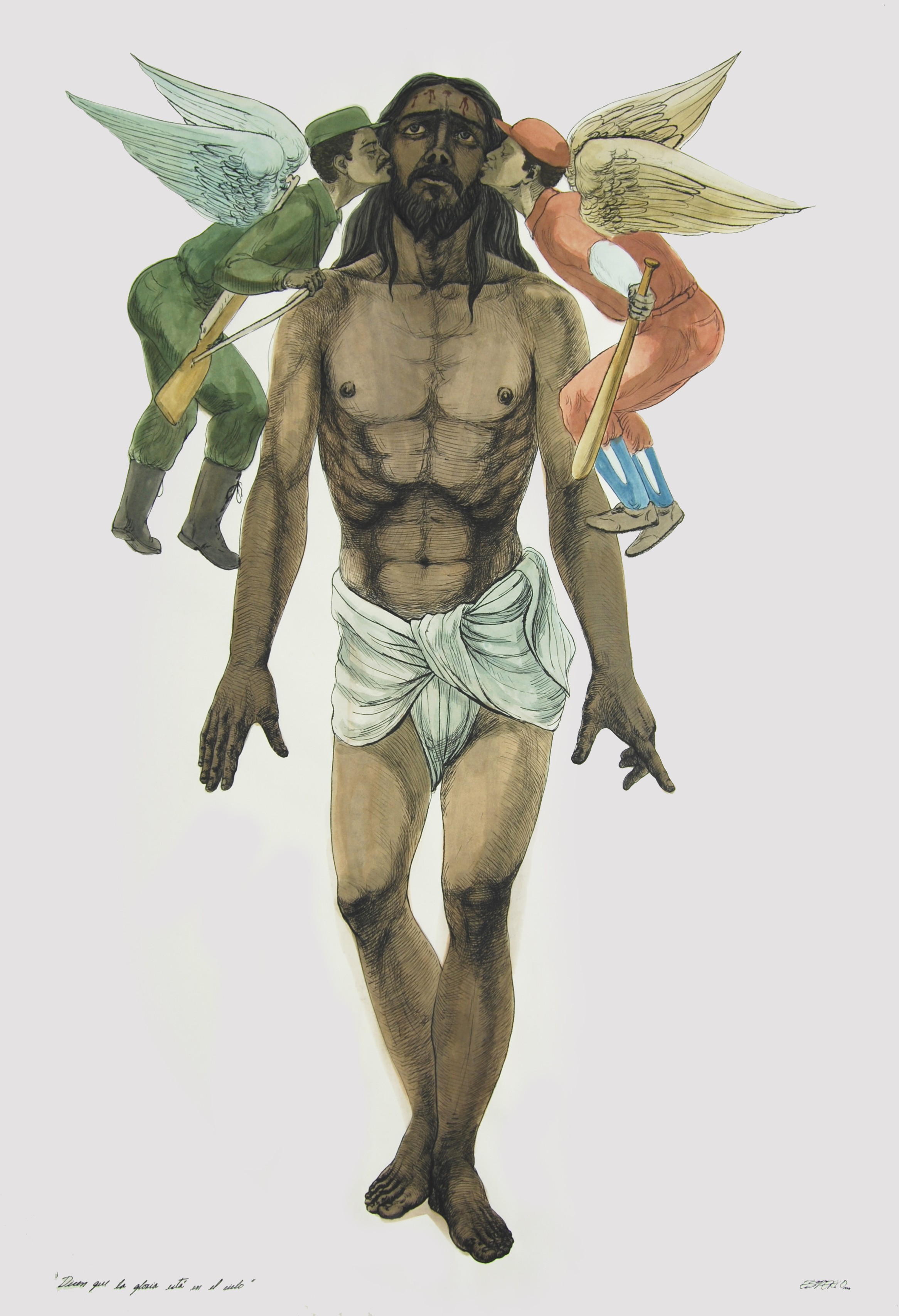 Illustration of a bare-chested man with his head wounded and bleeding, arms hanging limp, flanked by two winged cherubs in military and firefighter uniforms kissing his cheeks, one holding a rifle and the other a baseball bat.