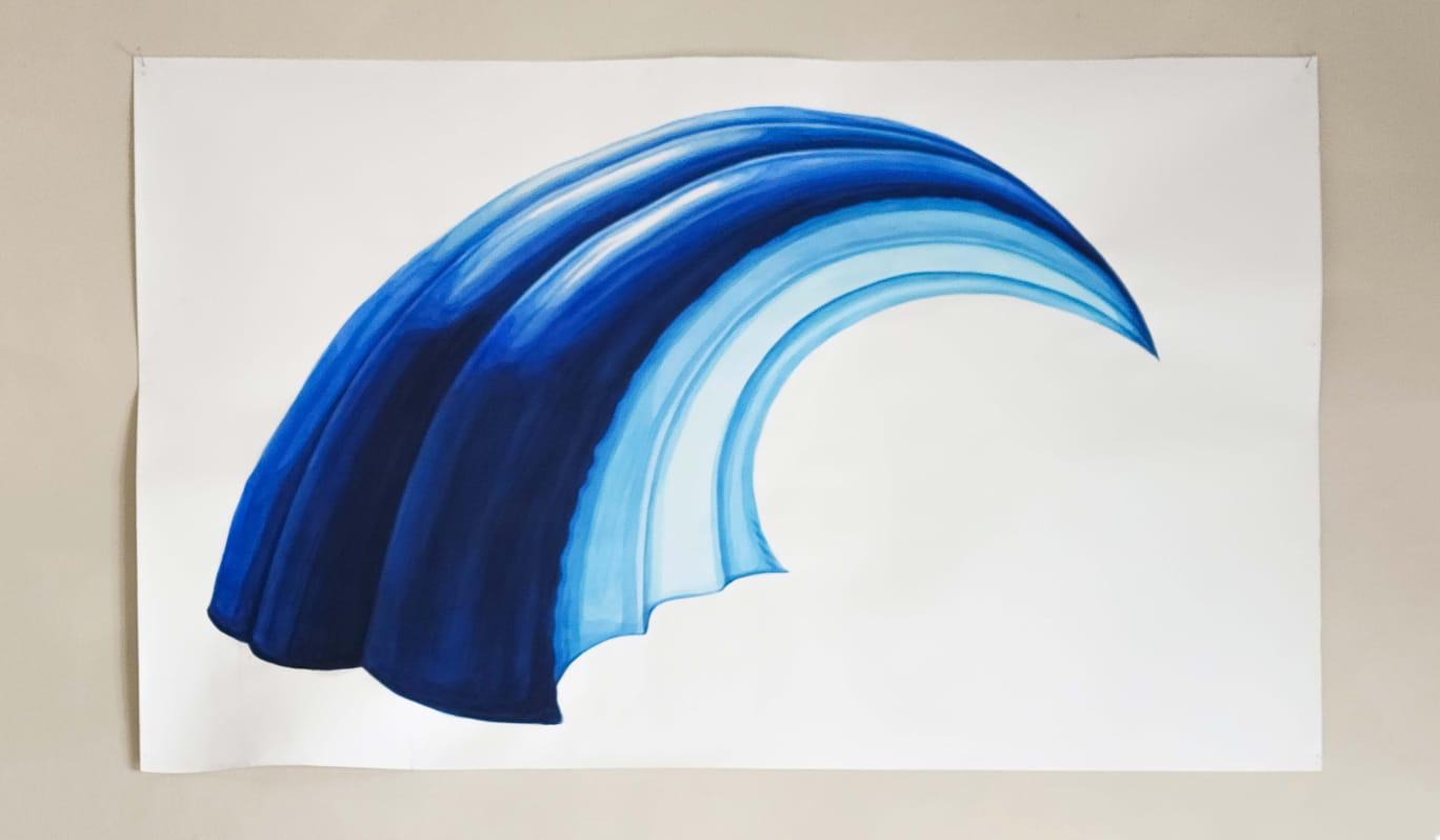 A painting on paper of a curved wave-like form in gradient shades of blue, pinned to a wall.