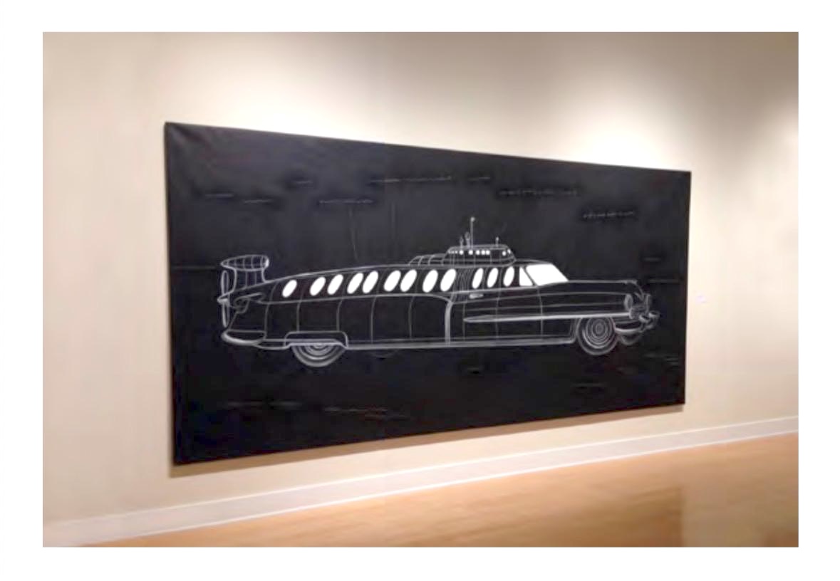 The same blueprint-style painting of the car-submarine hybrid, installed as a large canvas on a gallery wall.