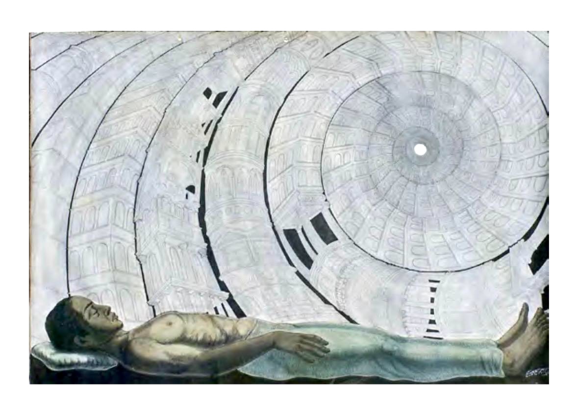 Illustration of a nude man lying on his back beneath rows of stylized black steam trains billowing dark smoke overhead.