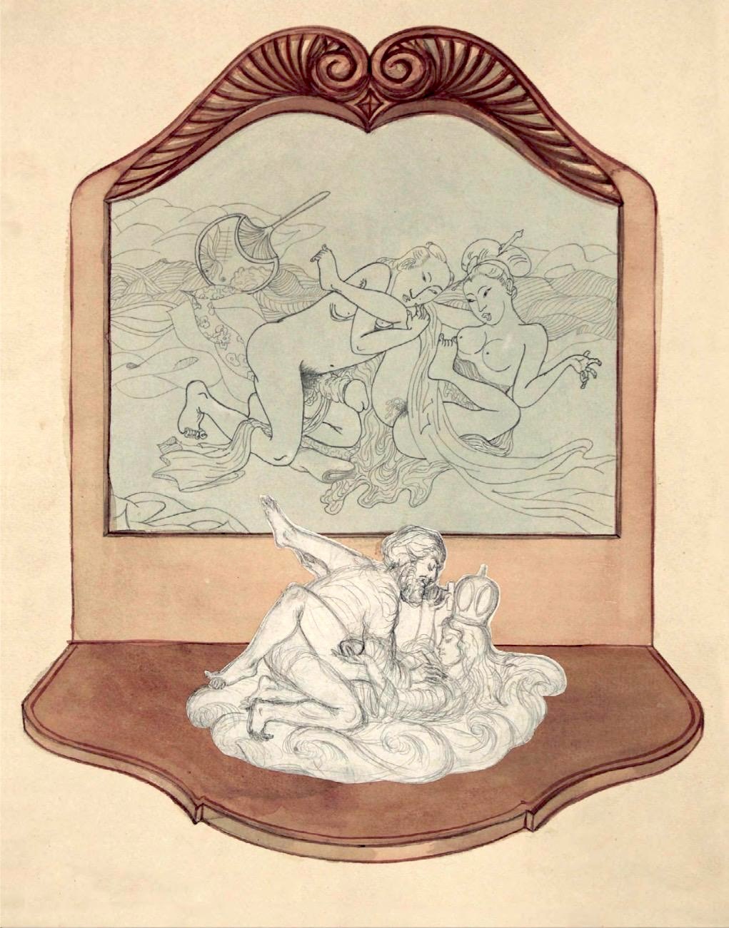 Drawing of an ornate wall mirror sketched with two reclining nude women, one shielding her face with an arm, above a console table holding a white sculpture of an entwined couple.