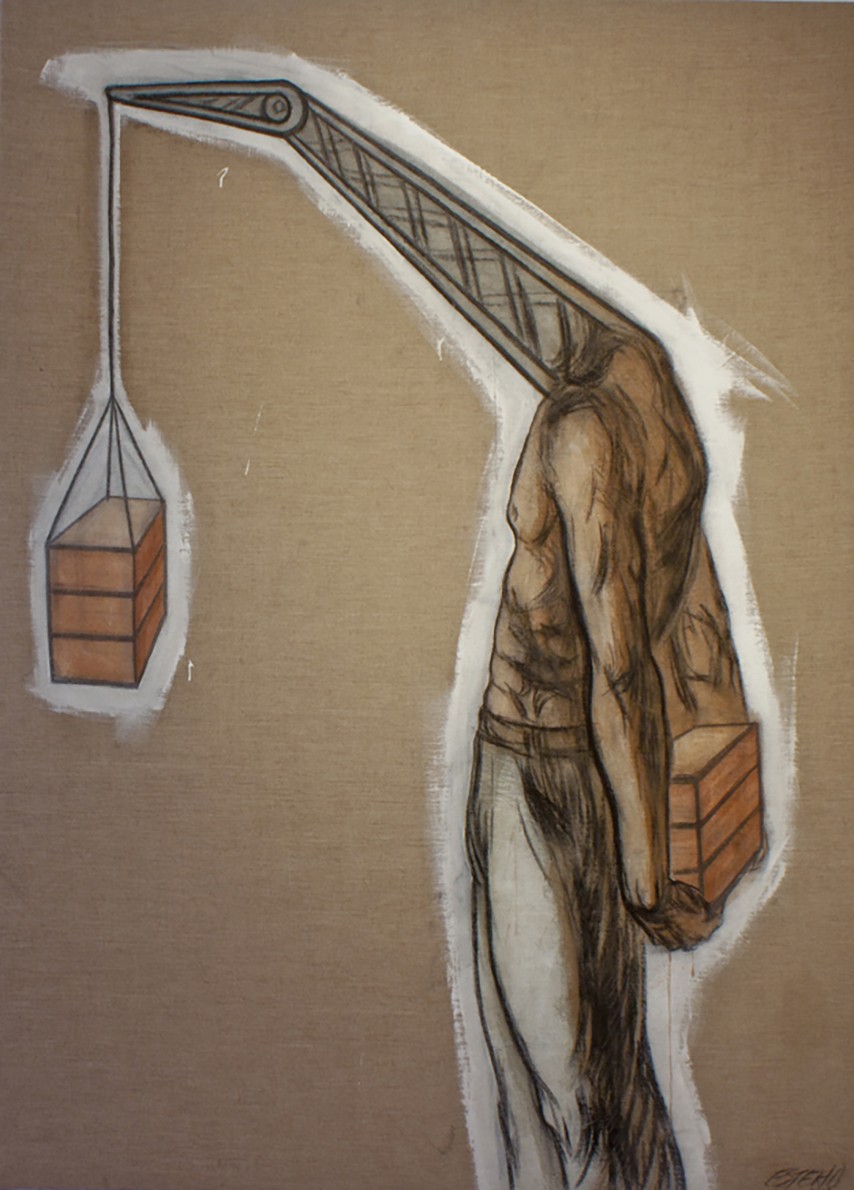 A painting of a hybrid figure whose head and neck transform into a construction crane arm lifting a wooden crate.