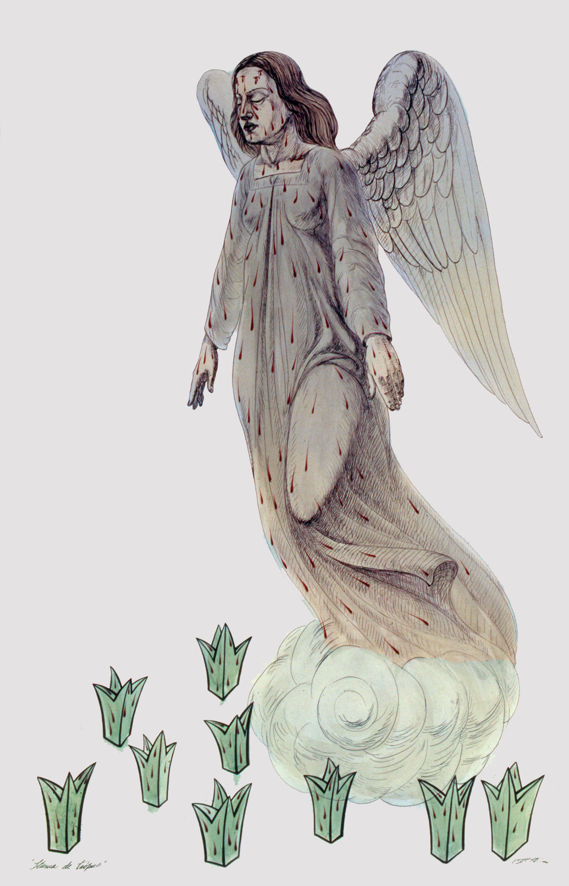 Illustration of a winged angel in a long robe streaked with blood and tears, descending toward a cloud above a row of small green plant-like spikes.
