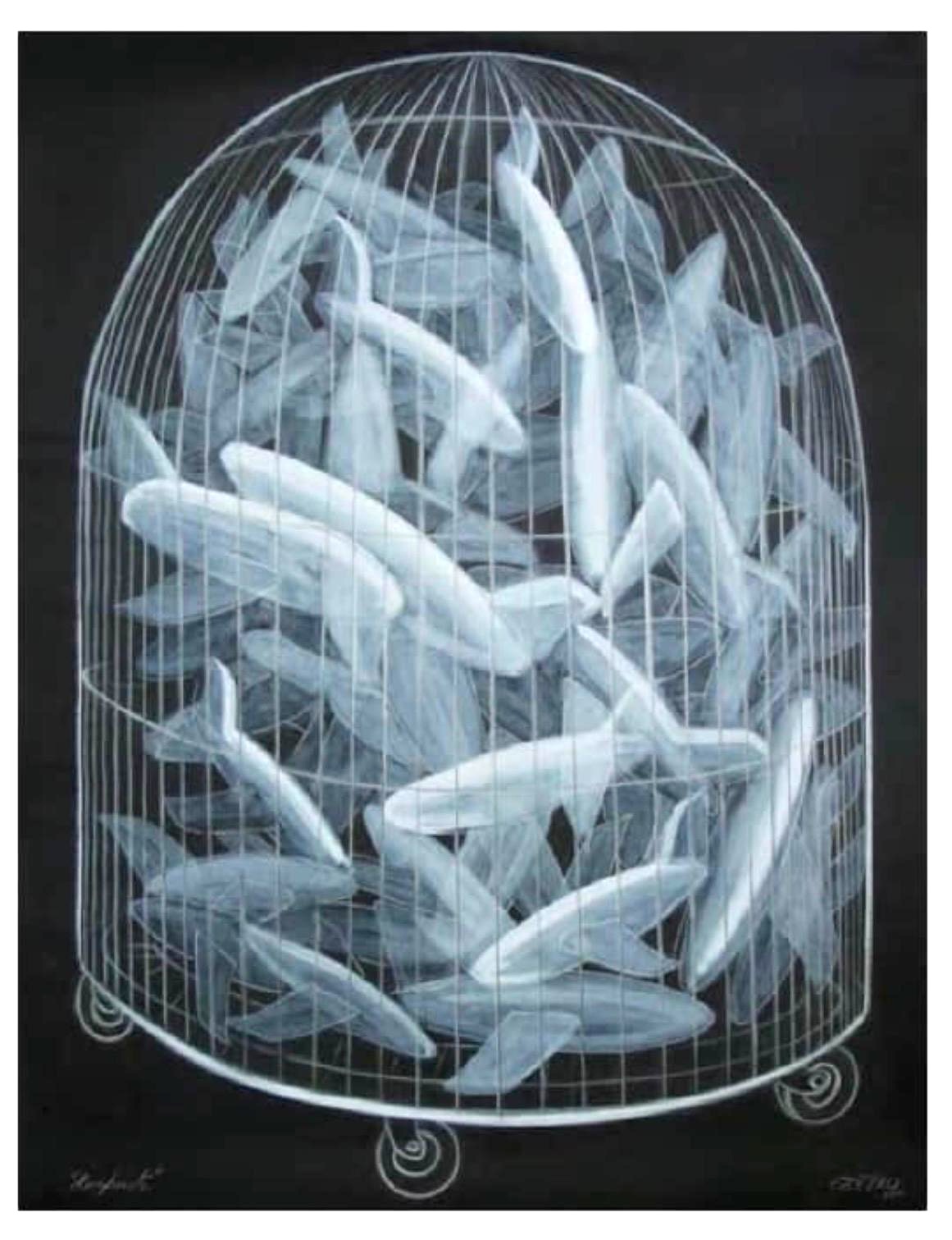 Grayscale painting of the same wheeled birdcage, now filled with a crowd of pale, elongated fish-like forms against a black background.