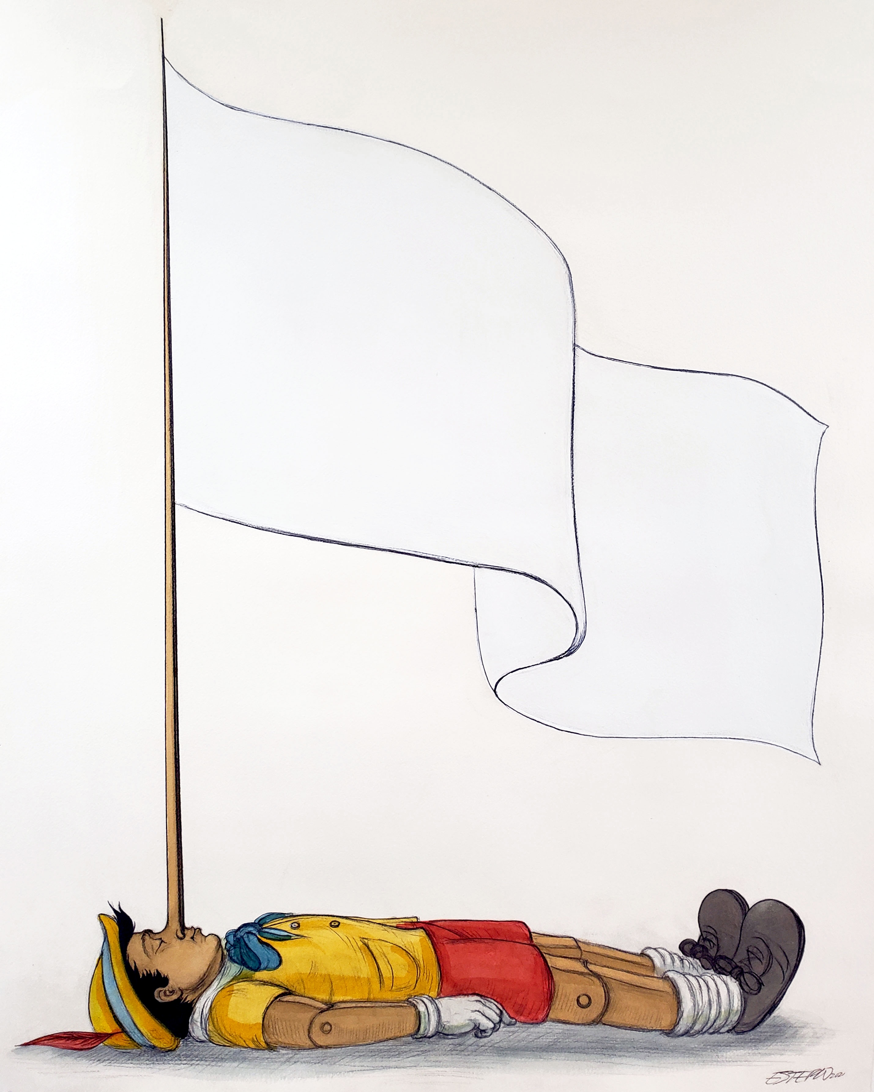 A painting of the Pinocchio-like figure lying on the ground, its nose forming the pole of a blank white flag.