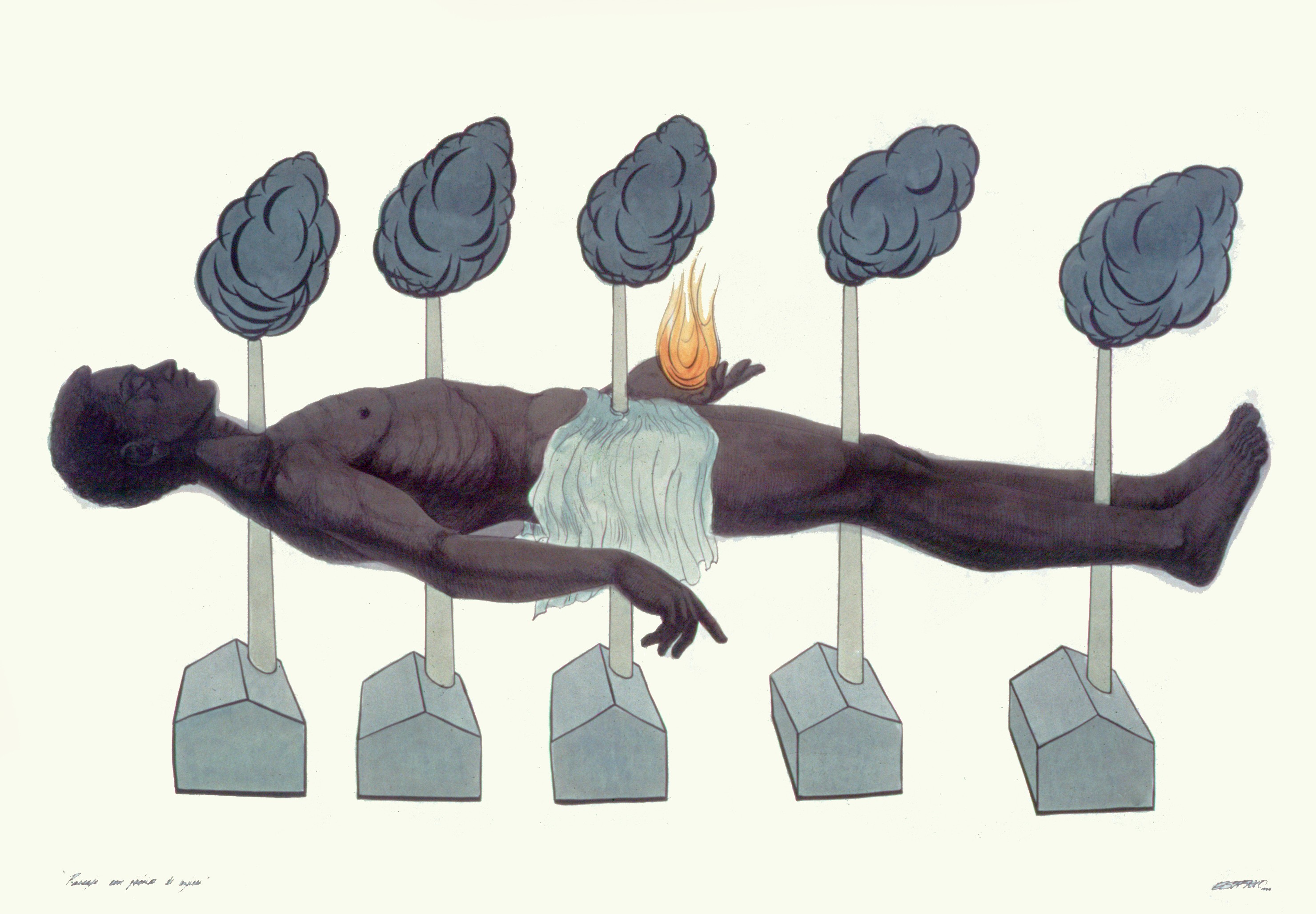 Illustration of a dark-skinned nude man lying on his back beneath five tall posts topped with dark storm clouds, one cloud alight with flame near his raised hand.