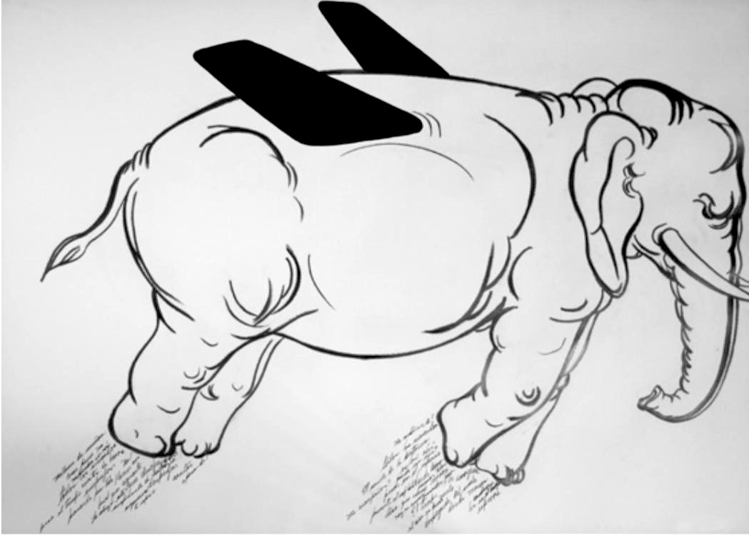 Line drawing of an elephant with two dark triangular wing-like fins on its back, small handwritten script beneath its front and back feet.