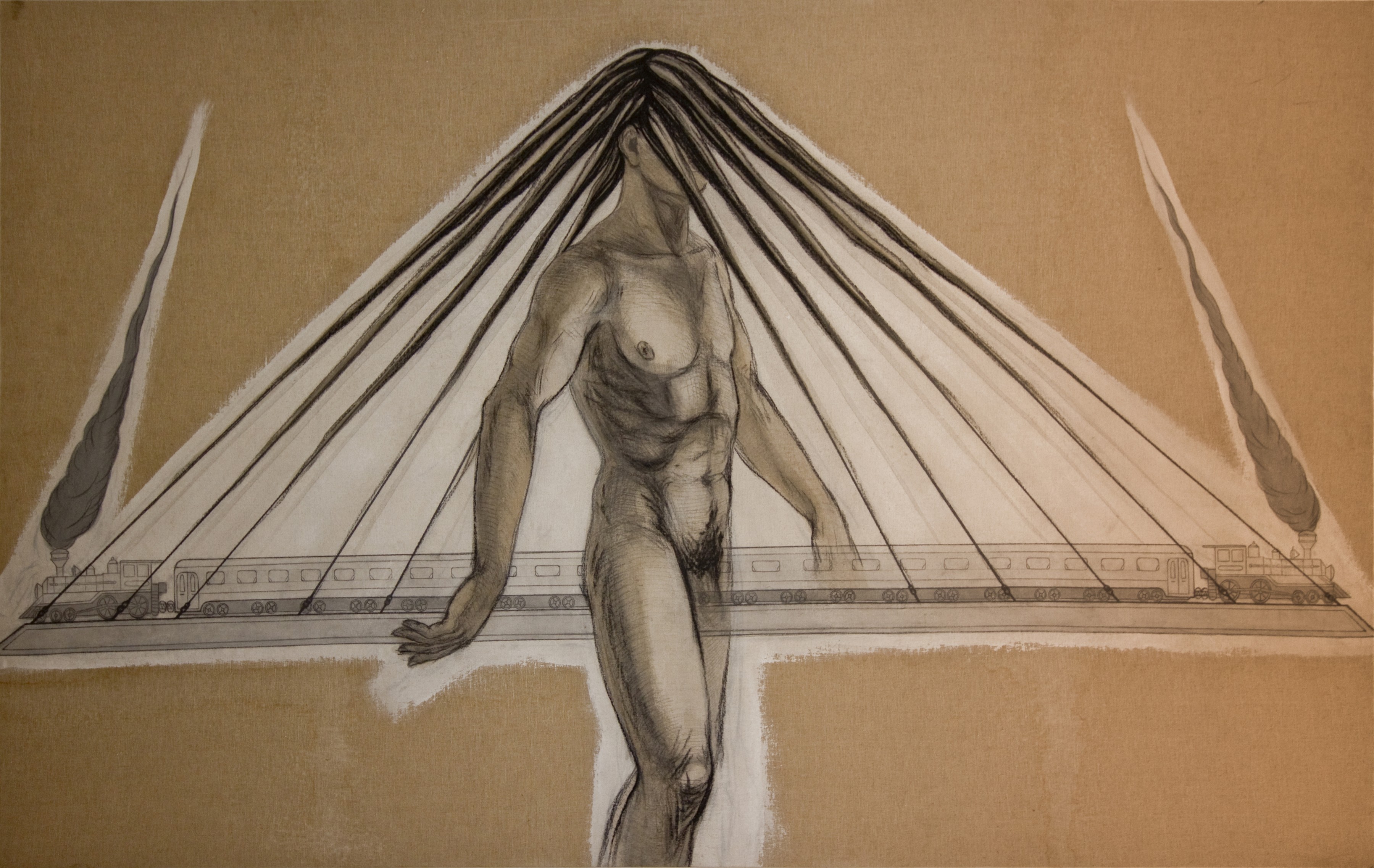 A painting of a nude figure whose hair forms suspension cables of a bridge, with trains crossing on either side.