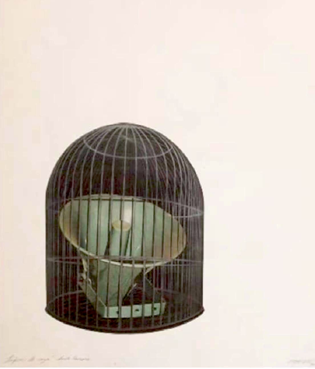 Painting of a small domed wire birdcage on a pale pink background, containing a green cone-shaped object propped on a narrow stand.