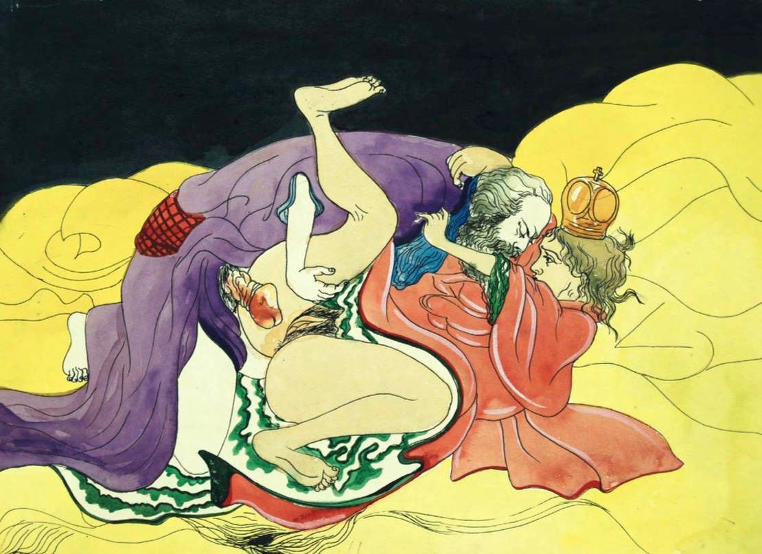 Colorful painting of two nude figures embracing on a bed strewn with a purple robe, one wearing a golden crown, against a black and yellow background.