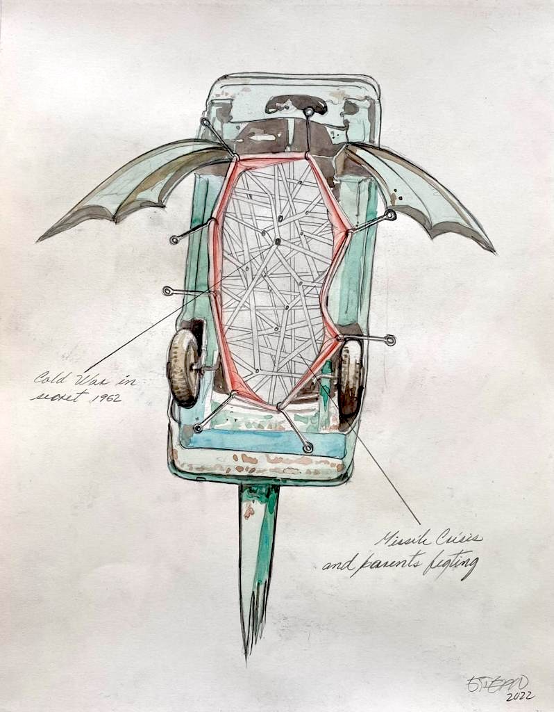 Watercolor illustration of a car with bat-like wings and a tail fin, its interior filled with a tangled web of pencil lines and a red harness, annotated with handwritten notes about the Cold War and a missile crisis.