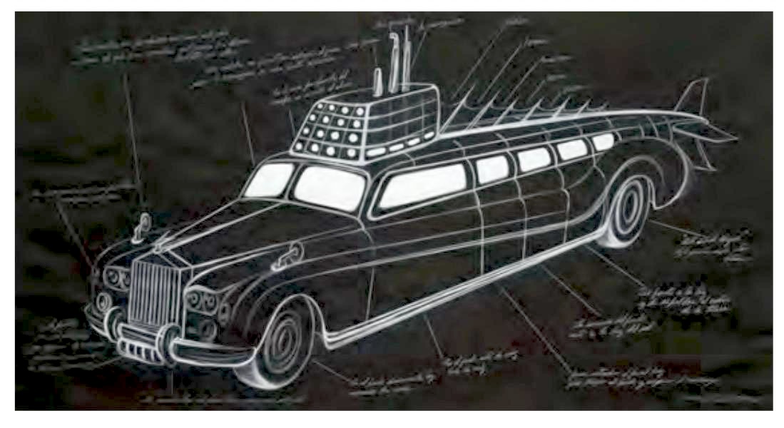 A blueprint-style diagram of a different car-submarine hybrid, with a Rolls-Royce style grille and a finned conning tower.