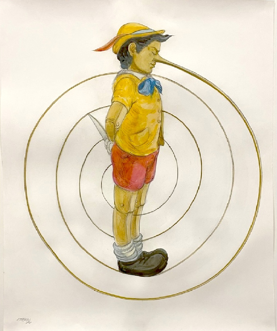 A painting of the Pinocchio figure standing within concentric spiral rings formed by its own elongated nose.