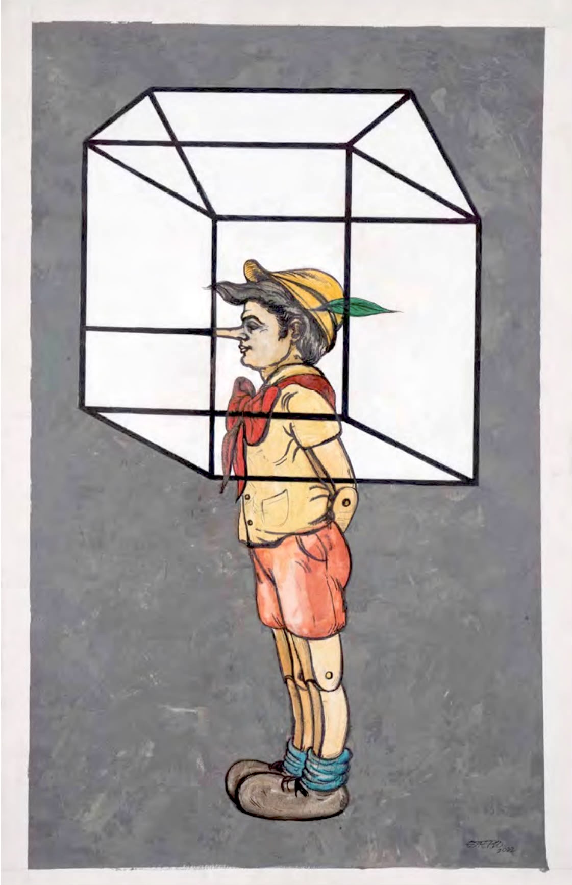 A painting of the Pinocchio figure with a wireframe cube outline drawn around its head, against a gray background.