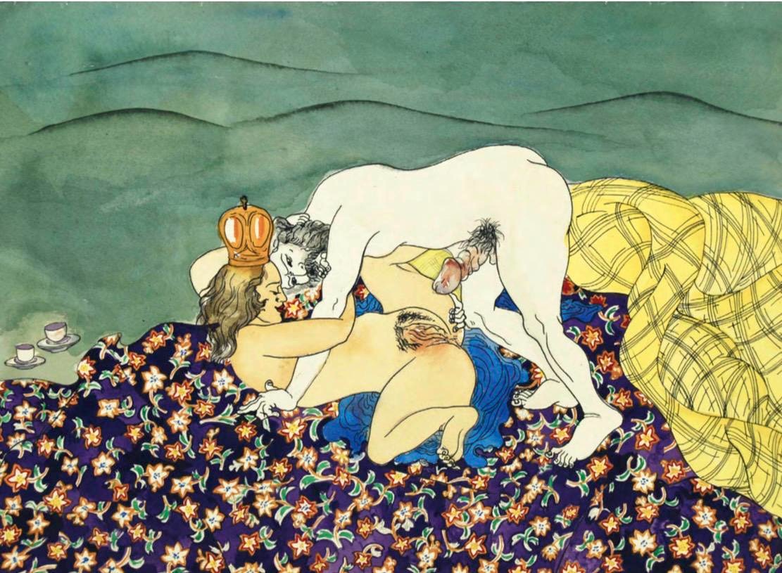Colorful painting of three nude figures entwined on a floral purple bedspread beside a golden crown and a pair of teacups, against a green mountainous background.
