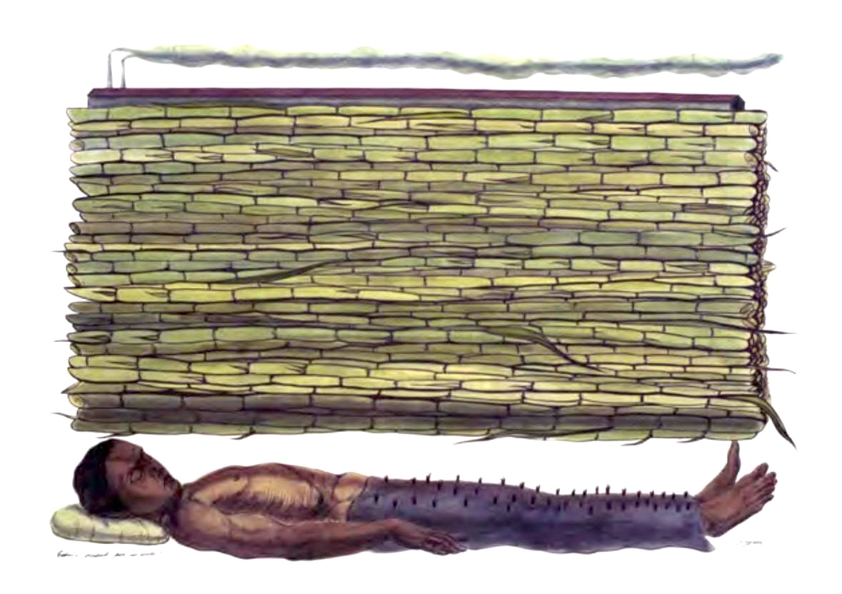 Illustration of a nude man lying on his back beneath a thick woven mat of dried palm fronds or thatch, smoke rising from a vent above, thin spikes lining his torso.