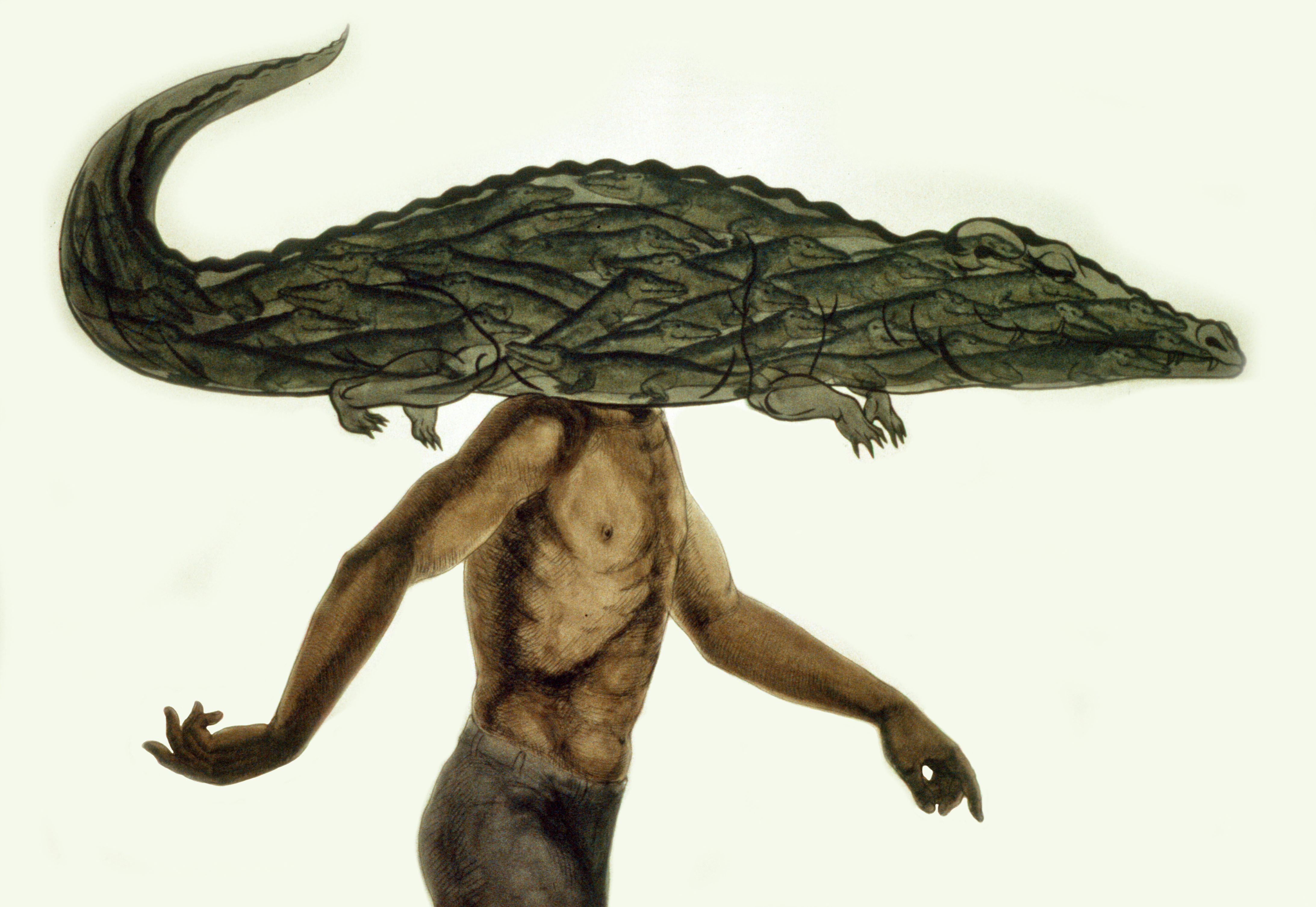 A painting of a figure whose head is a lizard-skin patterned form covered in small crocodile motifs, resting above a nude torso.