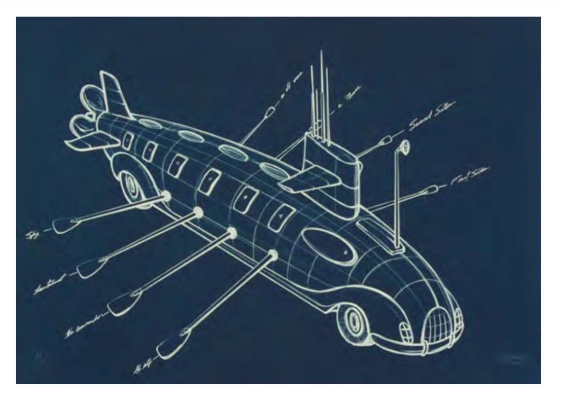A blue technical blueprint of the car-submarine hybrid with oars extending from its portholes.