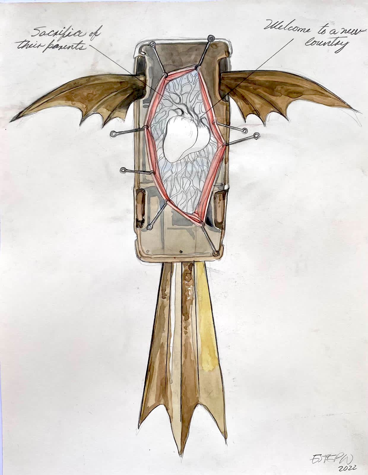 Watercolor illustration of a car-like winged figure with bat wings, its chest cavity opened to reveal a red-harnessed anatomical heart, annotated with handwritten notes about sacrifice and arriving in a new country.