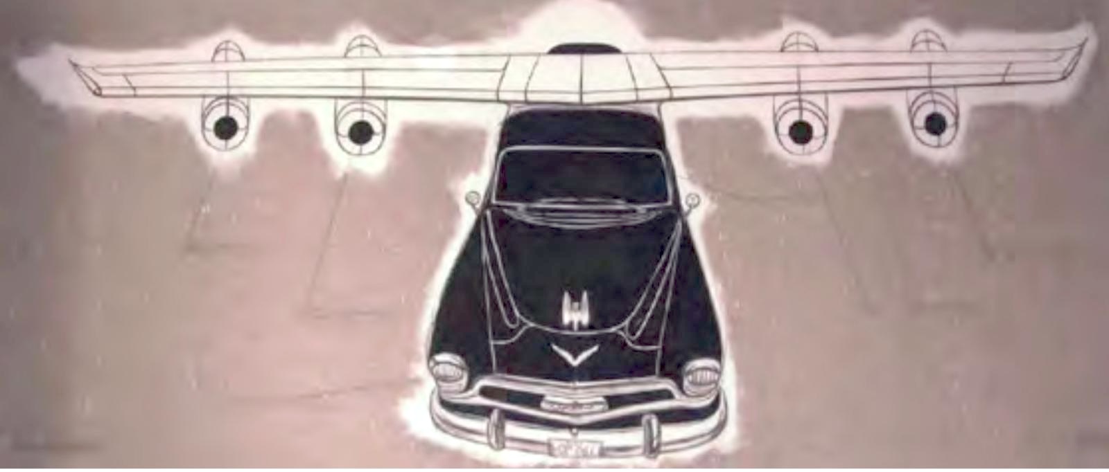 Illustration of the front of a black vintage car fitted with a wide set of four-engine airplane wings spanning outward from its roof.