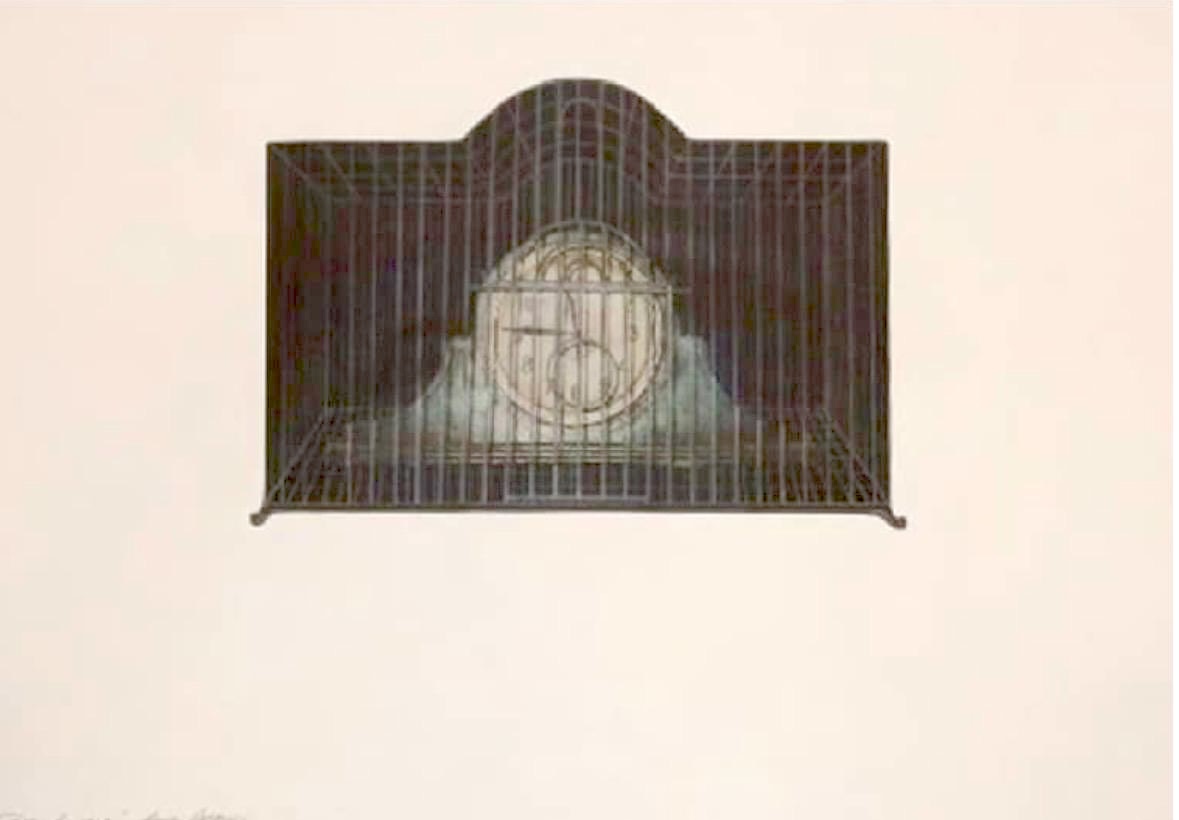 Painting of a wide arched wire cage or grille, with a pale glowing circular medallion resembling a clock face nested in mist behind the bars.