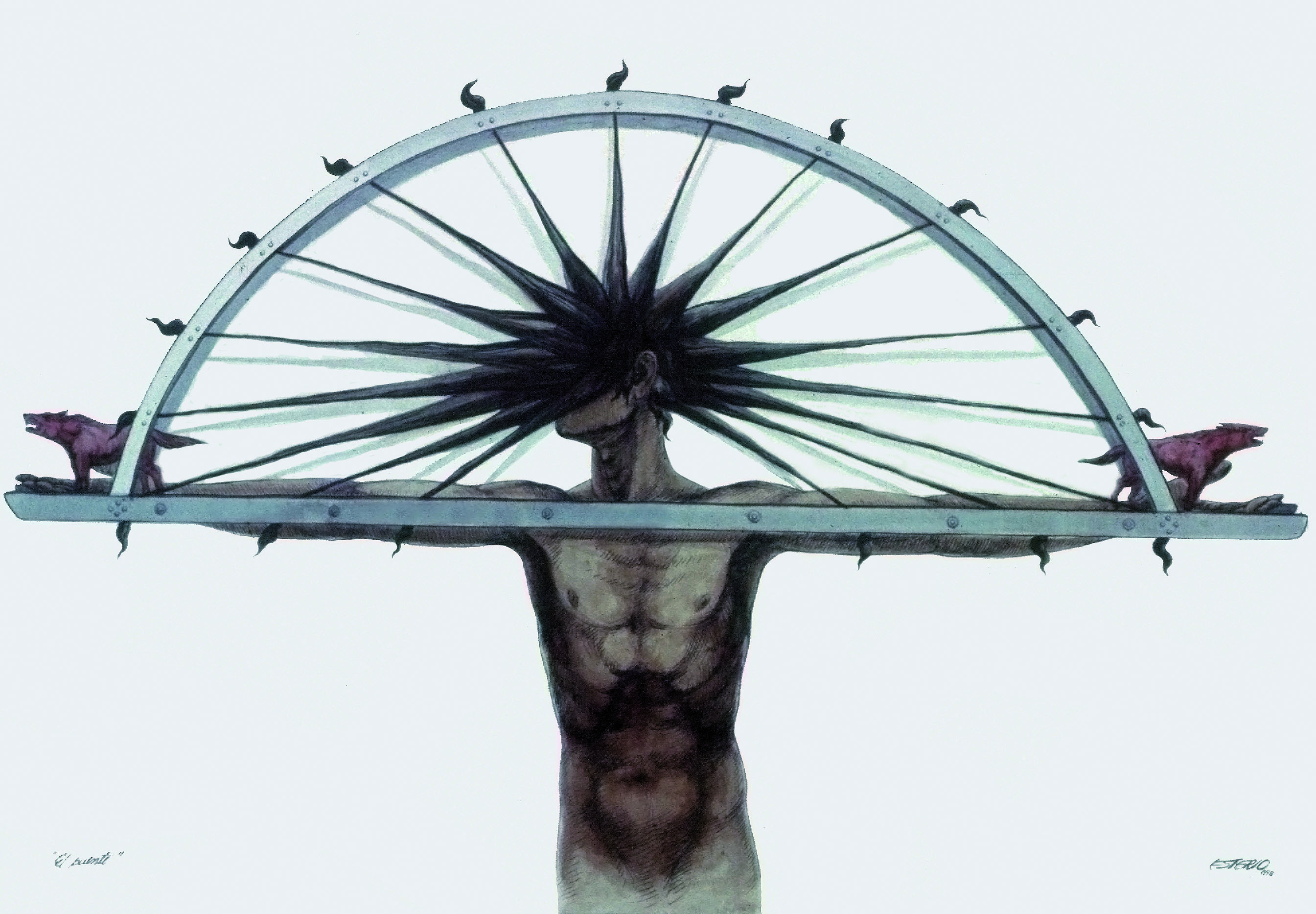 A painting of a figure whose spiky hair forms the spokes of a large wheel arc, with a purple wolf-like creature perched at each end.