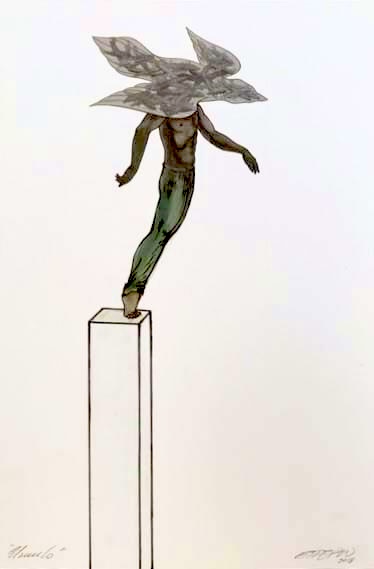 A study drawing titled 'The Flight,' showing a one-legged figure with wing-like petals for a head, balanced on a tall pedestal, with exhibition label text below.