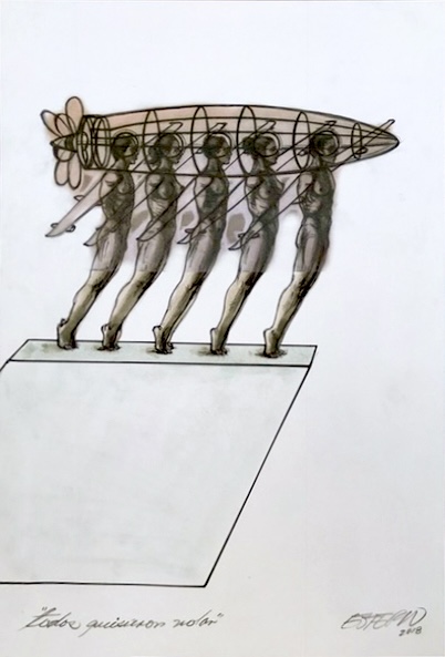 A study drawing of five repeated walking figures connected beneath a single wire-frame airplane fuselage, captioned in Spanish 'Todos quisieron volar' (Everyone wanted to fly).