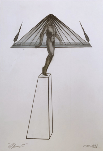 A study drawing titled 'El Puente' (The Bridge), showing a figure whose hair forms suspension cables, standing on a tall pedestal.