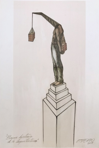 A study drawing titled 'Breve historia de la arquitectura' (Brief history of architecture), showing the crane-headed figure on a tiered pedestal.