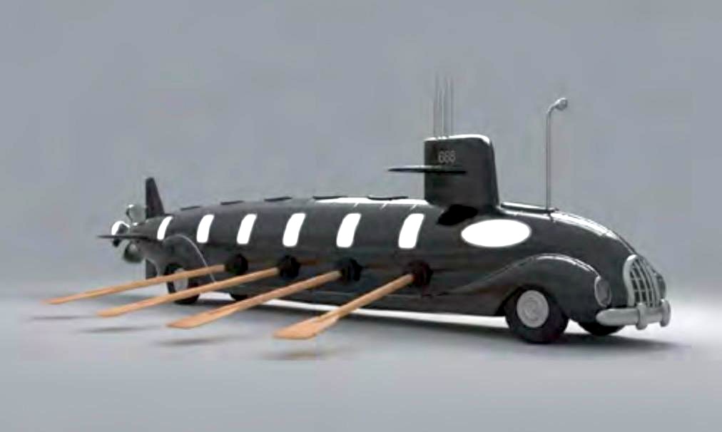 A hybrid sculpture combining a vintage car's front end with a submarine hull, with rowing oars extending from its portholes.
