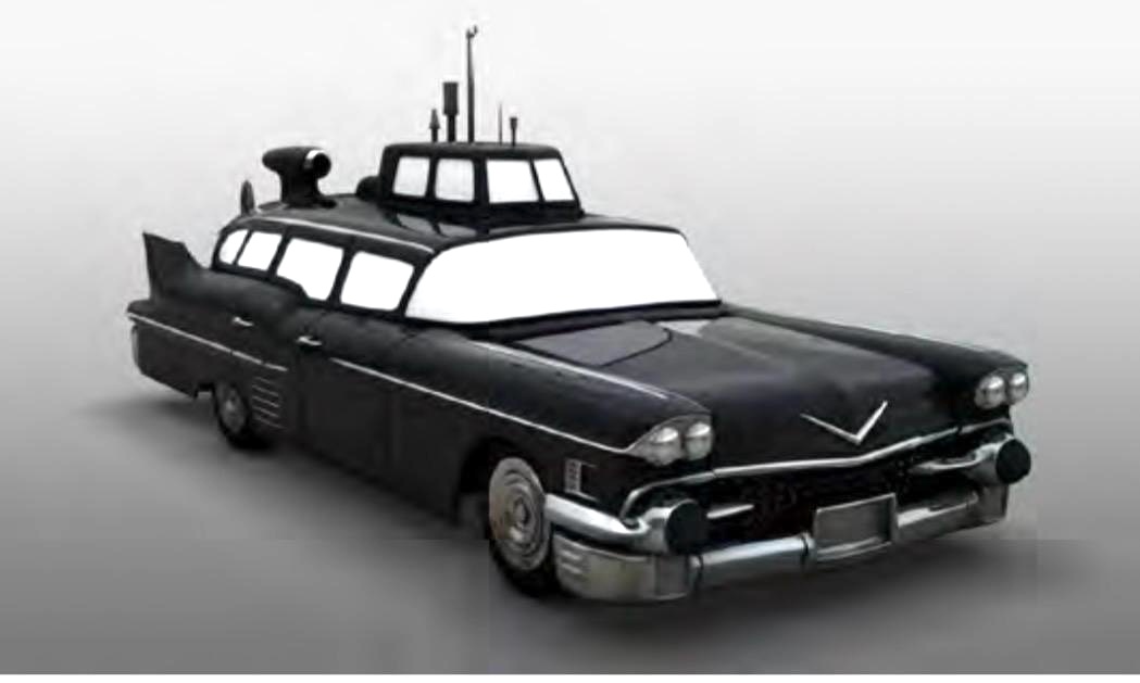 A black vintage car sculpture with a submarine conning tower and periscope built into its roof.