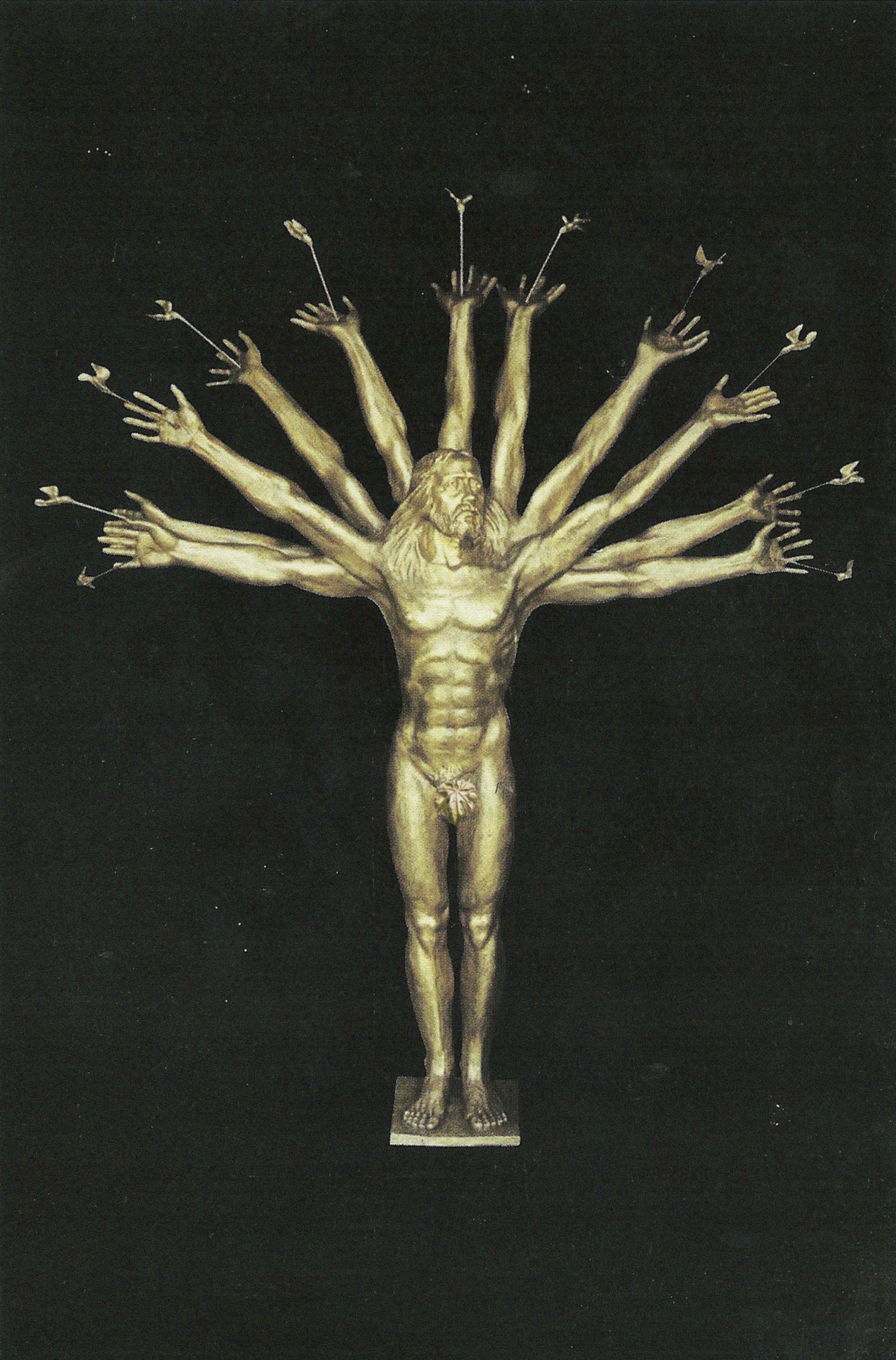 A golden bronze figure with many outstretched arms, each hand holding a small arrow, against a black background.