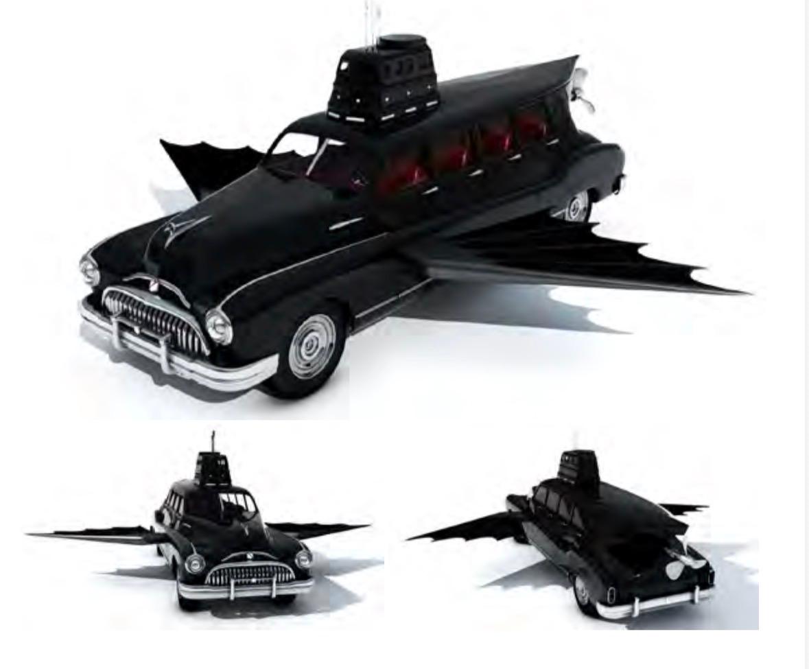 Three digital renderings of the black car-submarine hybrid with bat-like fin wings, shown from different angles.