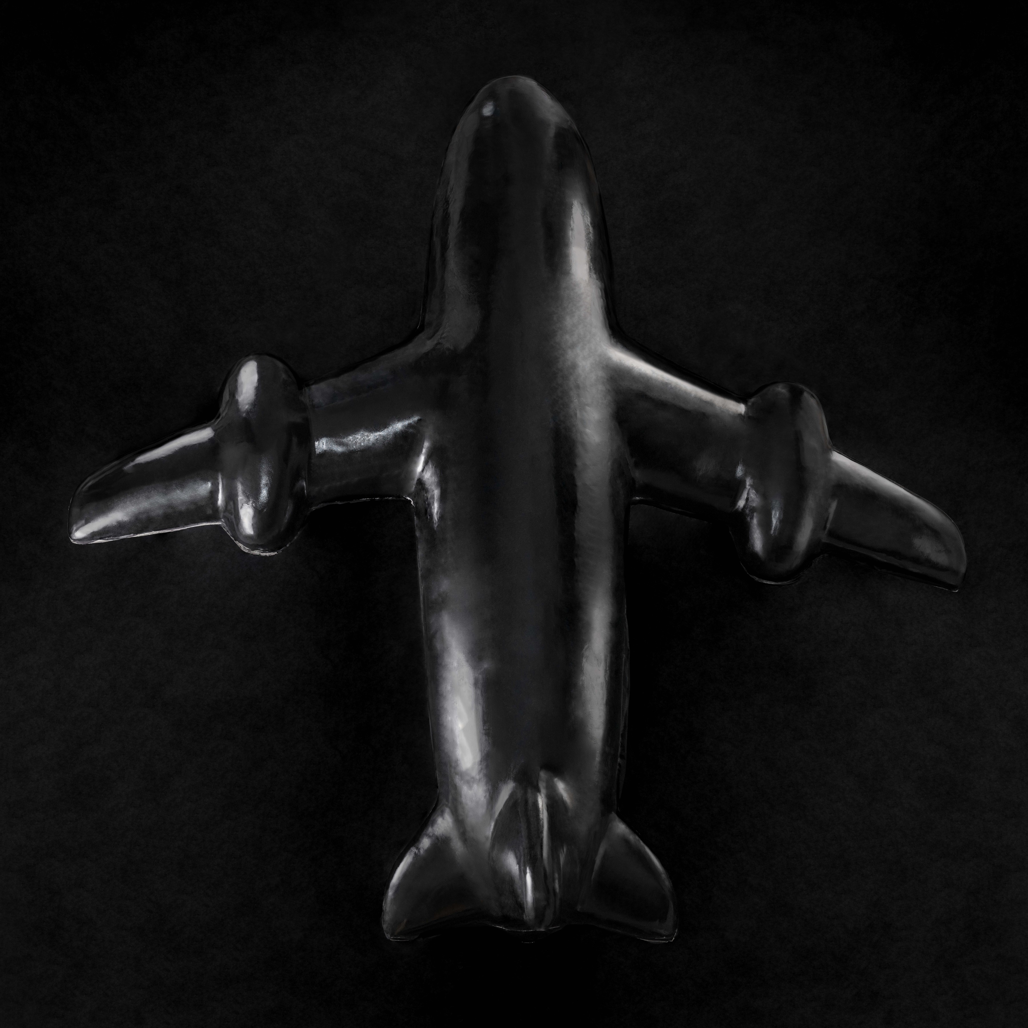 Overhead photograph of a glossy black jetliner silhouette cast as a single smooth sculptural form, reflecting light along its curved fuselage and wings.